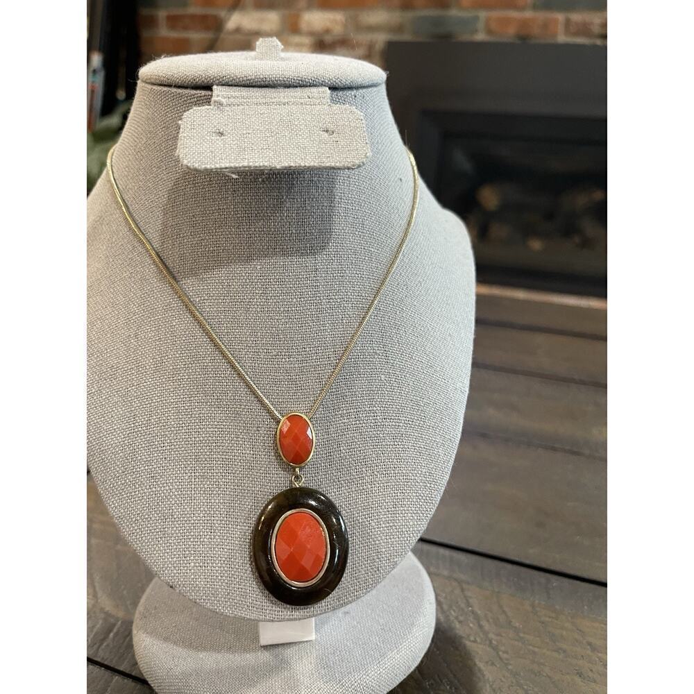Pendant Necklace Oval Red Orange Gold Chain Unique Retro